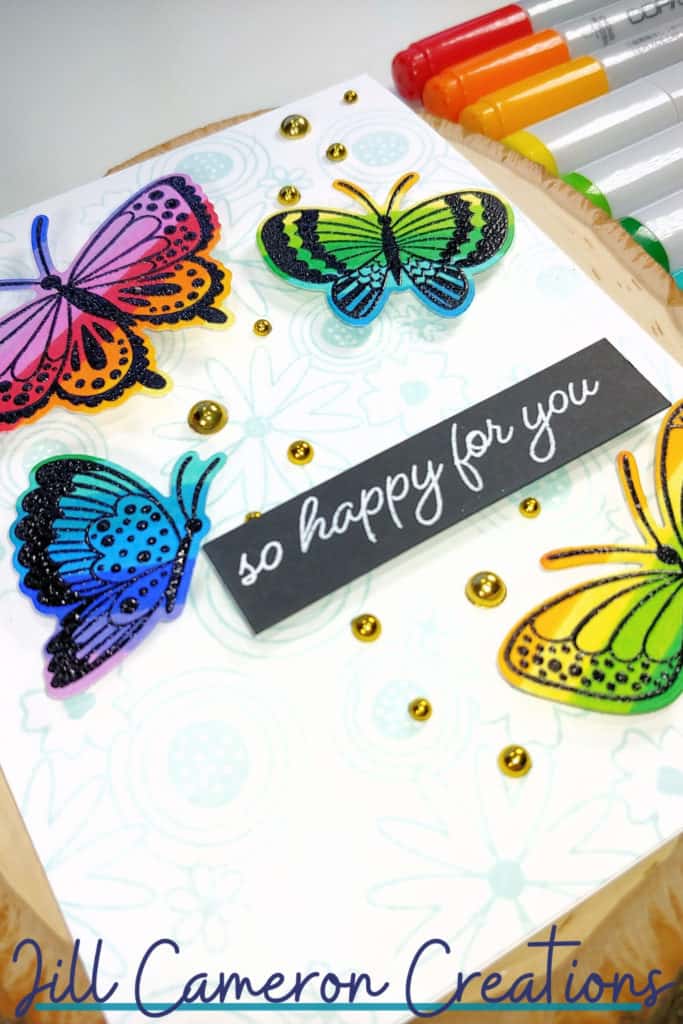 Black and Rainbow Butterflies Card using Copic Markers and Catherine Pooler Happy Butterflies and Bee Kind
