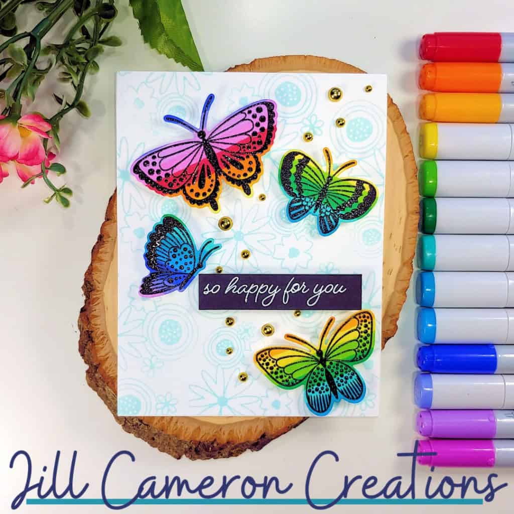 Black and Rainbow Butterflies Card using Copic Markers and Catherine Pooler Happy Butterflies and Bee Kind