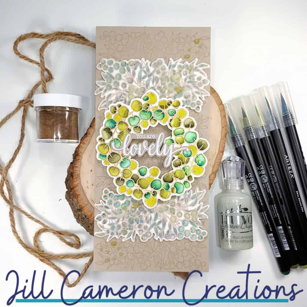 Slimline Card Using Pinkfresh Studio Eucalyptus Fantasy and Arteza Real Brush Markers