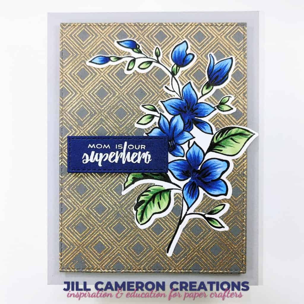 Mother's Day card using Altenew's Shine like a Diamond and Best Mom. In the colors of gray, navy, gold, and white. #handmadecard #greetingcard #card #papercraft #mom #stamping #diecutting #copic