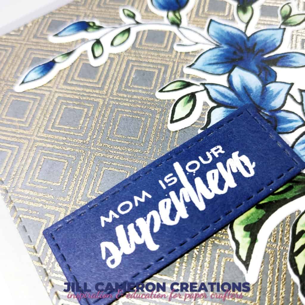 Mother's Day card using Altenew's Shine like a Diamond and Best Mom. In the colors of gray, navy, gold, and white. #handmadecard #greetingcard #card #papercraft #mom #stamping #diecutting #copic