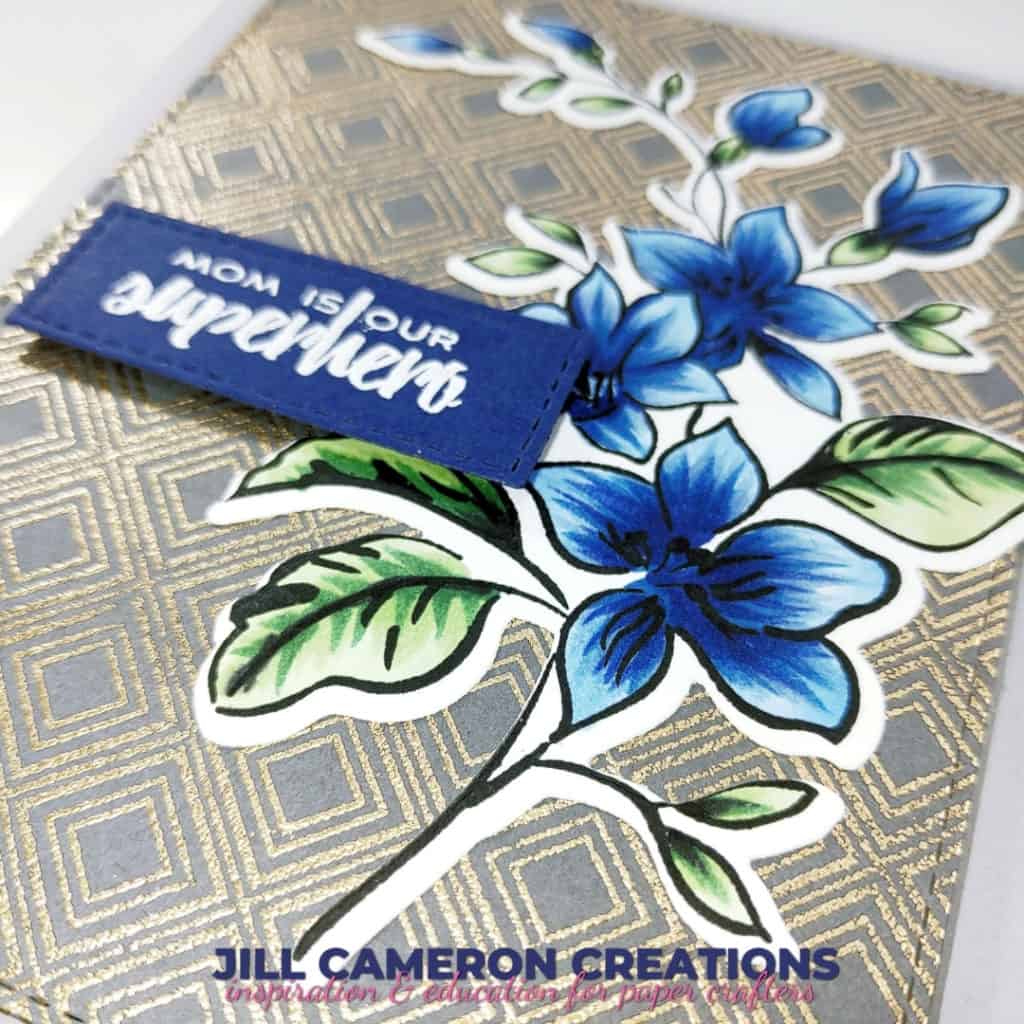 Mother's Day card using Altenew's Shine like a Diamond and Best Mom. In the colors of gray, navy, gold, and white. #handmadecard #greetingcard #card #papercraft #mom #stamping #diecutting #copic